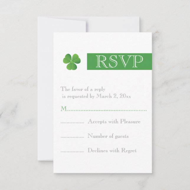 Modern stripe & green clover Irish wedding RSVP (Front)