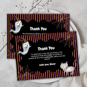 Modern Stripe Little Boo Ghost Cat Baby Shower  Thank You Card