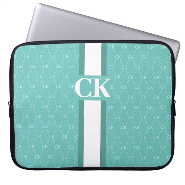 Modern Stripe Monogram w/ Designer Pattern Blue La Laptop Sleeve (Front)