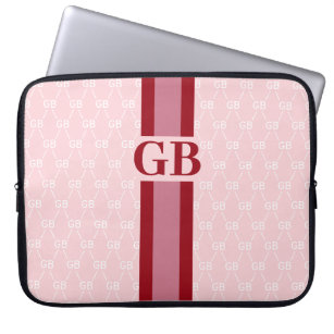 Modern Stripe Monogram w/ Designer Pattern Pink Laptop Sleeve