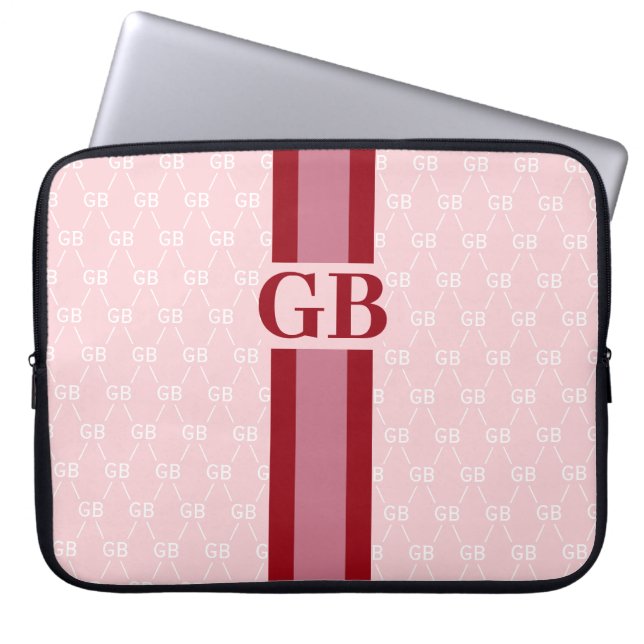 Modern Stripe Monogram w/ Designer Pattern Pink Laptop Sleeve (Front)