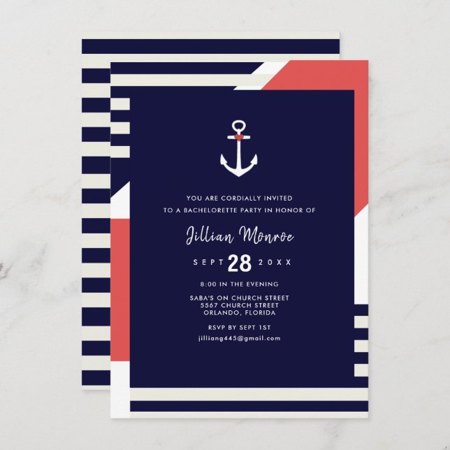 Modern Stripe Nautical Anchor Bachelorette Party Invitation (Front/Back)