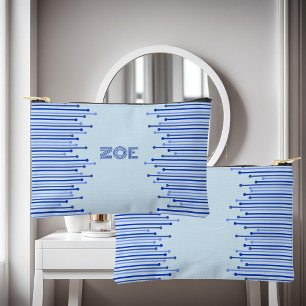 Modern stripe pattern on pale blue personalised  accessory pouch