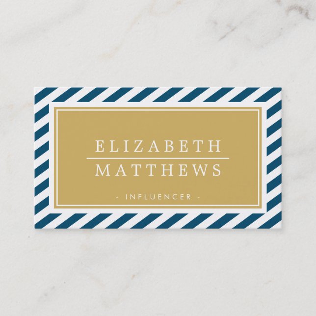 MODERN STRIPE stylish border navy gold white Business Card (Front)