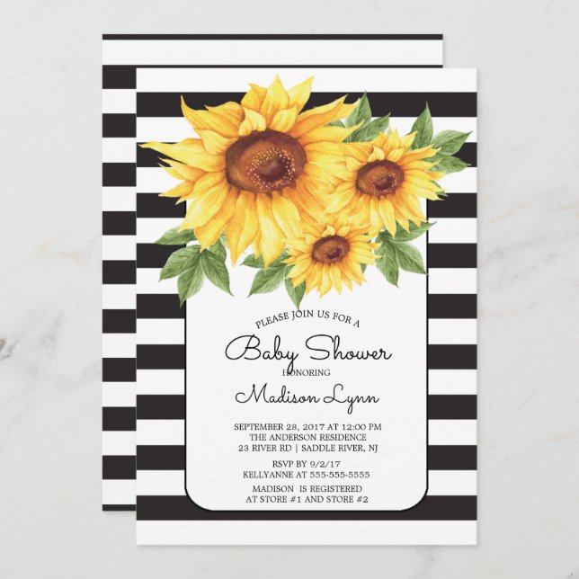 Modern Stripe Sunflower Baby Shower Invitation (Front/Back)
