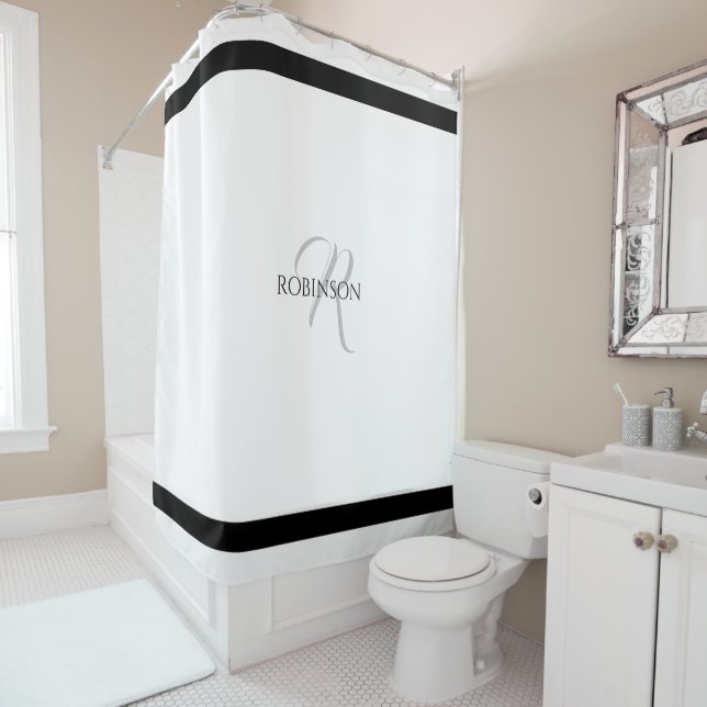 Modern Striped Black and White Shower Curtain (In Situ)