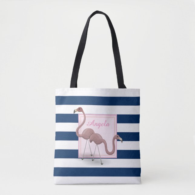 Modern Striped, Cartoon Flamingos -Personalised Tote Bag (Front)