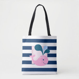 Modern Striped, Cartoon Whale -Personalised Tote Bag