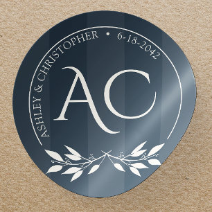 Modern Striped Foliage Indigo Blue Wedding Classic Round Sticker