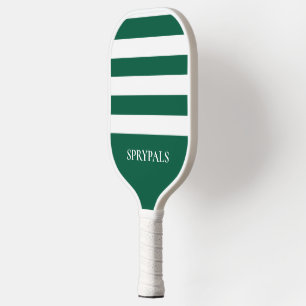 Modern Striped Green White Monogram Pickleball Pad Paddle