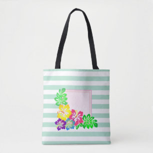 Modern Striped, Hawaii Hibiscus -Personalised Tote Bag