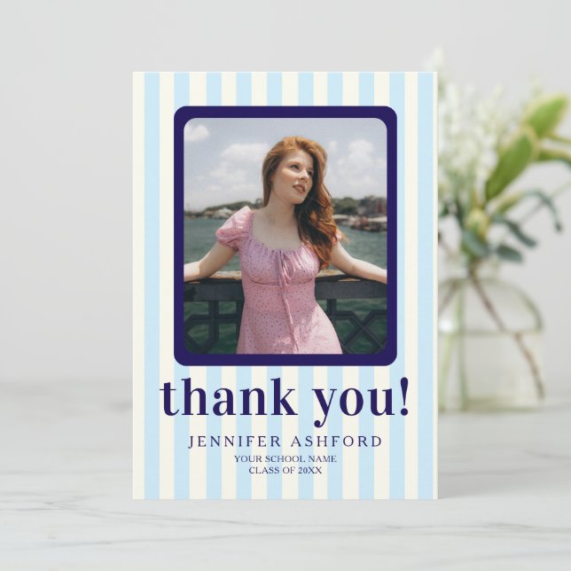 Modern Striped Navy Blue Photo Graduation Thank You Card (Standing Front)