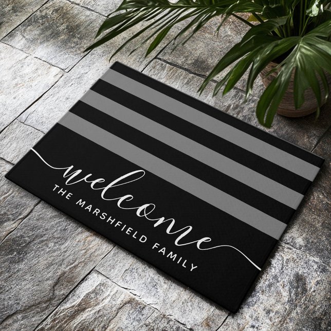 Modern Striped Pattern Family Welcome Black Grey Doormat (Custom Welcome Doormat)