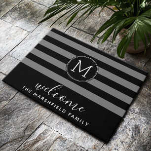 Modern Striped Pattern Family Welcome Black Grey Doormat