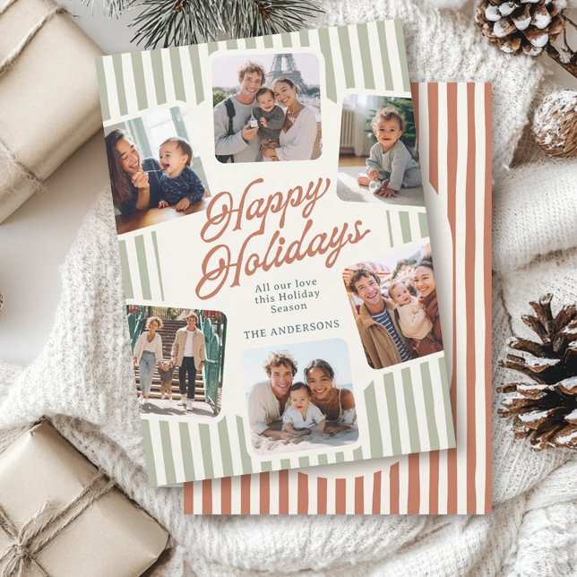 Modern Striped Photo Collage Warm Colours Happy Holiday Card (Creator Uploaded)