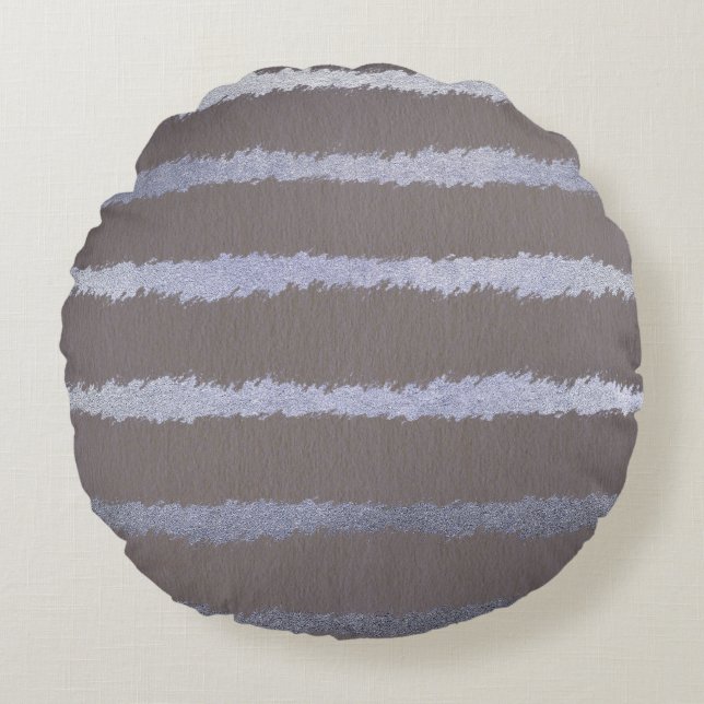 Modern striped silver and grey taupe metallic look round cushion (Front)