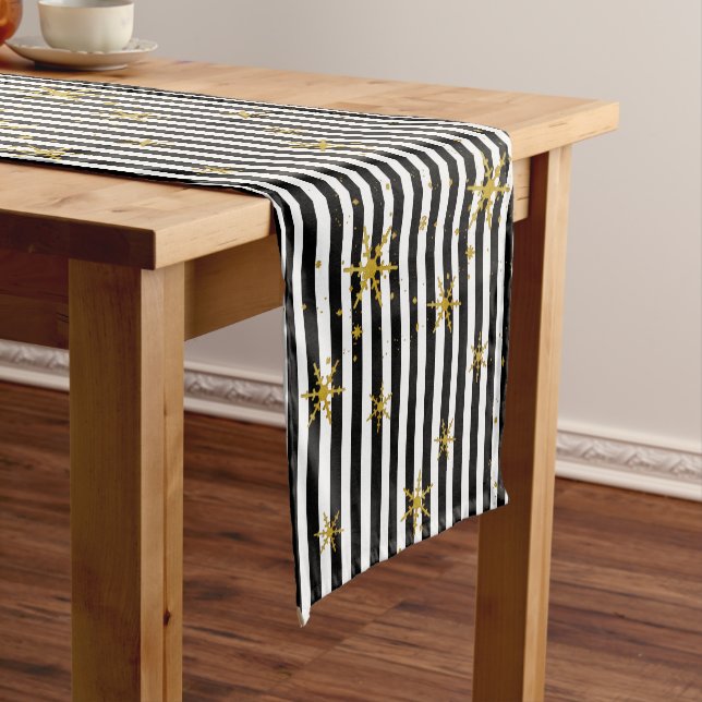 Modern Stripes and Snowflakes Holiday Table Runner (In Situ)