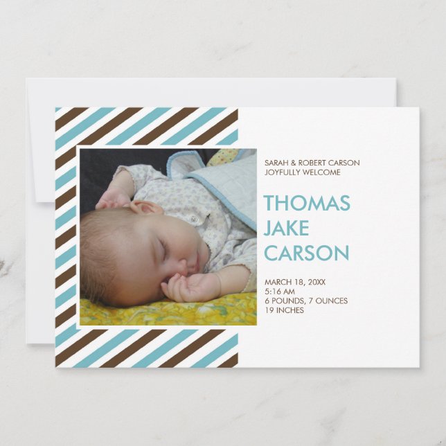 Modern stripes blue brown baby birth announcement (Front)