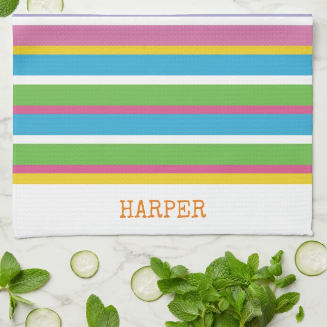 Modern Stripes Bright Colours NAME Hip Fun Tea Towel (Folded)