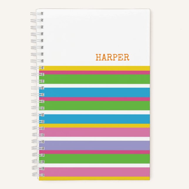 Modern Stripes Bright Colours NAME Hip Preppy Fun Notebook (Front)