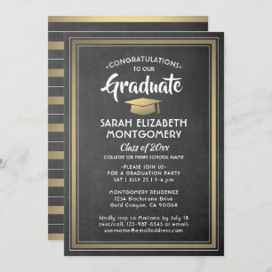 Modern Stripes Chalkboard Black & Gold Graduation Invitation