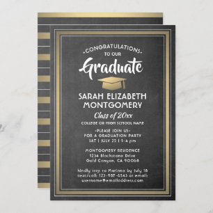 Modern Stripes Chalkboard Black & Gold Graduation Invitation