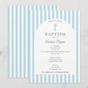 Modern Stripes Christening Baptism Dusty Blue Boy Invitation