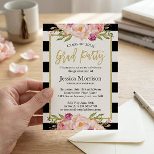 Modern Stripes Floral Gold Script Graduation Party Invitation