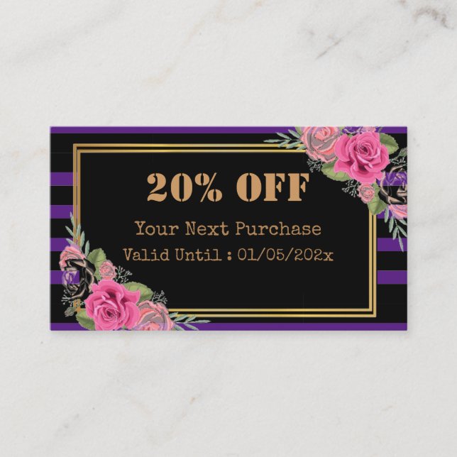 Modern Stripes Floral QR Code Discount Card (Front)