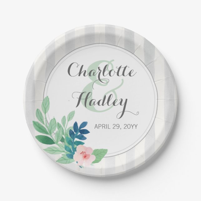 Modern Stripes Floral Watercolor Bohemian Wedding Paper Plate (Front)