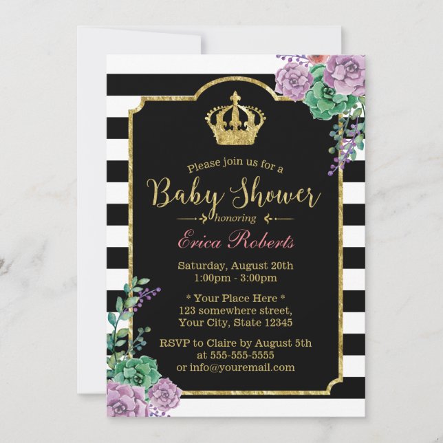 Modern Stripes Gold Crown Floral Baby Shower Invitation (Front)
