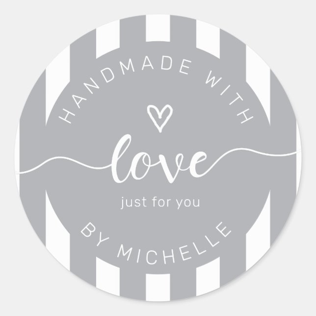 modern stripes handmade with love monogram classic round sticker (Front)