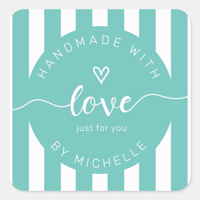 modern stripes handmade with love monogram square sticker (Front)
