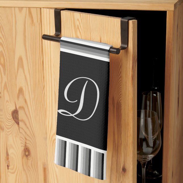 Modern stripes in black, white and grey - Monogram Tea Towel (Thirds Fold)
