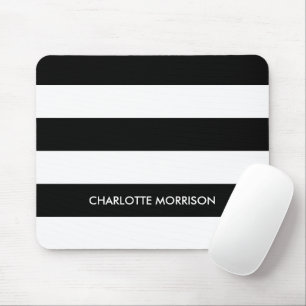 Modern stripes name monogram black and white mouse pad