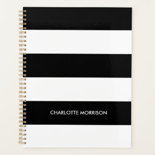 Modern stripes name monogram black and white planner
