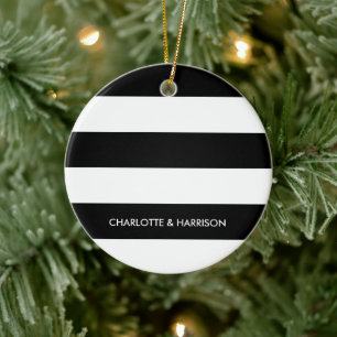 Modern stripes names monogram black and white ceramic ornament