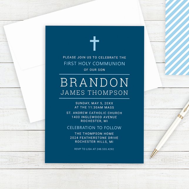 Modern Stripes Navy Blue First Communion Boy Invitation (Creator Uploaded)