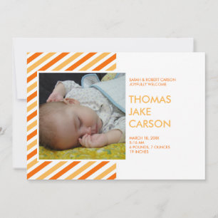 Modern stripes orange baby birth announcement