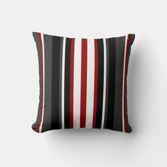 Modern Stripes Pattern  on Black/White/Grey/Red Cushion (Front)