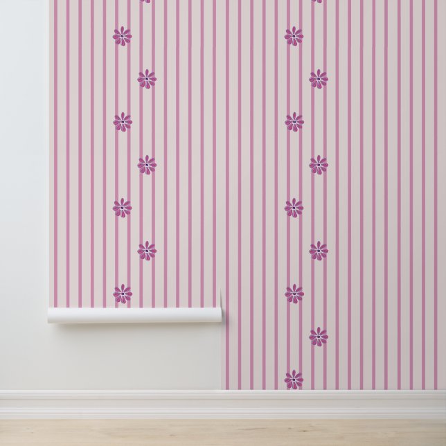 Modern Stripes & Pink Blooms Wallpaper (Application)