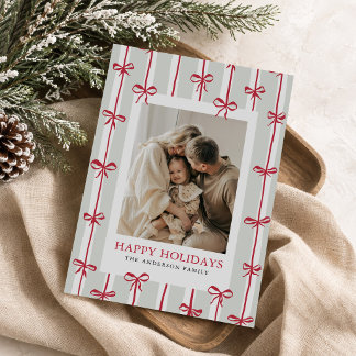 Modern Stripes & Red Bow Christmas Photo Holiday Card