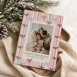 Modern Stripes & Red Bow Christmas Photo Holiday Card