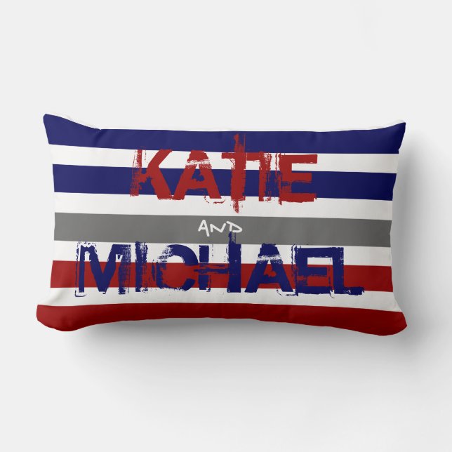 Modern Stripes, Red White Blue, w Couples' Names Lumbar Cushion (Front)