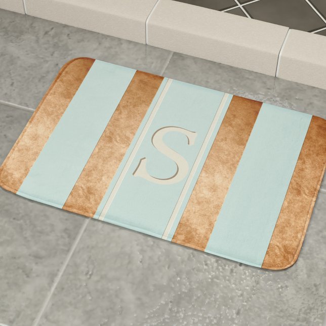 Modern Stripes Robin Egg Blue Copper Bath Mat (Just add your initial to this stylishly striped copper and robin egg blue bath mat)