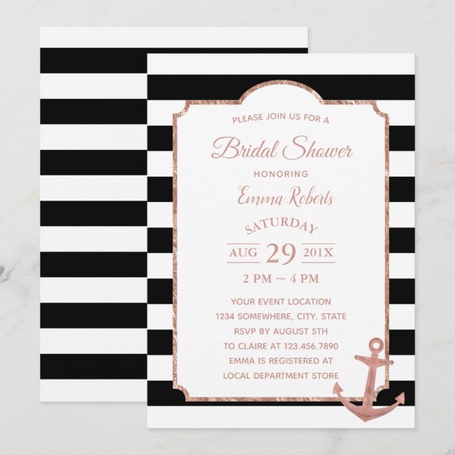 Modern Stripes Rose Gold Anchor Bridal Shower Invitation (Front/Back)