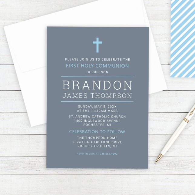 Modern Stripes Slate Blue First Communion Boy Invitation (Creator Uploaded)