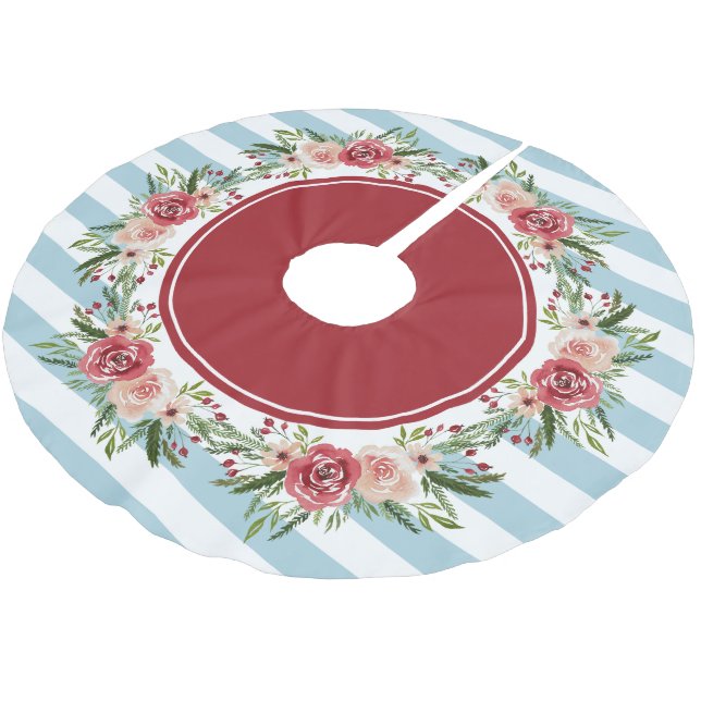 Modern Stripes Watercolor Flowers Christmas Brushed Polyester Tree Skirt (Angled)