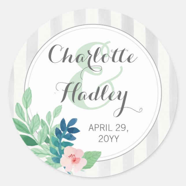 Modern Stripes Wedding Watercolor Bohemian Custom Classic Round Sticker (Front)