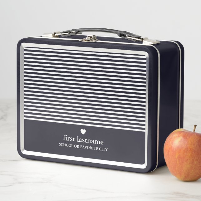 Modern Stripes with Upscale Heart Monogram Black Metal Lunch Box (In Situ)